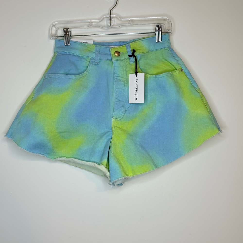 NWT WeWoreWhat Flare Bell High Rise Blue and Green Tie Dye Denim Shorts Size 26